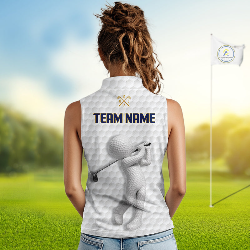 Golfer wearing Custom Name womens sleeveless golf polo shirt with unique golf ball pattern perfect golf gift for women on the course