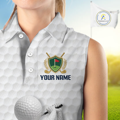 Close-up fabric of Custom Name womens sleeveless golf polo shirt with unique golf ball pattern personalized golf polo for men