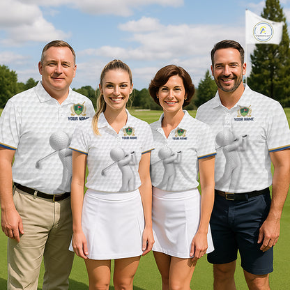 Four people in Custom Name mens golf polo shirt with unique golf ball pattern on a golf course 