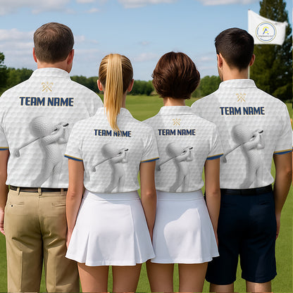 four golfer wearing Custom Name mens golf polo shirt with unique golf ball pattern