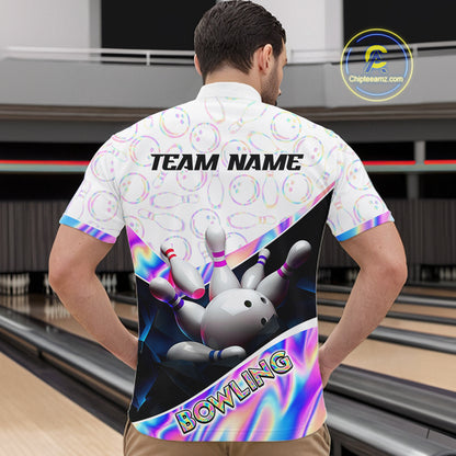 Man bowler wearing custom neon cosmic bowling team 1/4 quarter-zip shirt on the lanes