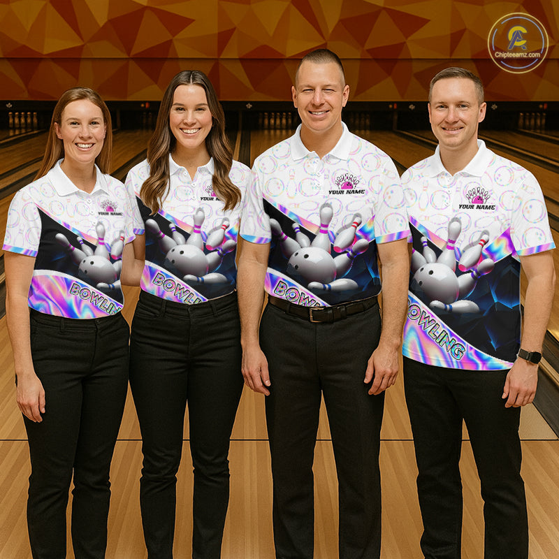 men’s bowling team wearing matching custom neon cosmic bowling shirts with personalized names