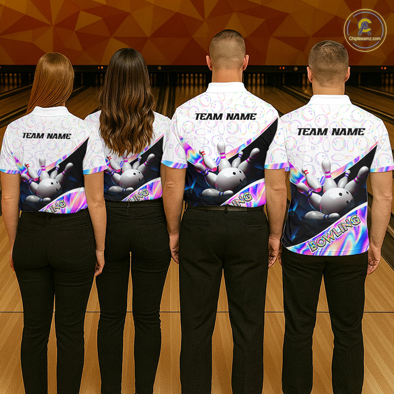 men’s bowling team wearing matching custom neon cosmic bowling shirts with personalized names