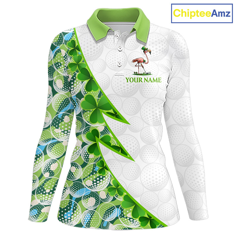 Front view Funny Flamingo green clover pattern white womens long sleeve golf polo shirt St Patrick Day