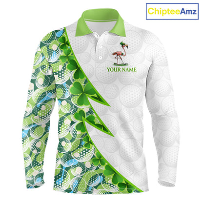 Funny Flamingo Green Clover Pattern White Mens Golf Polo Shirt, Custom St Patrick Day Tournament Golf Apparel NBT852
