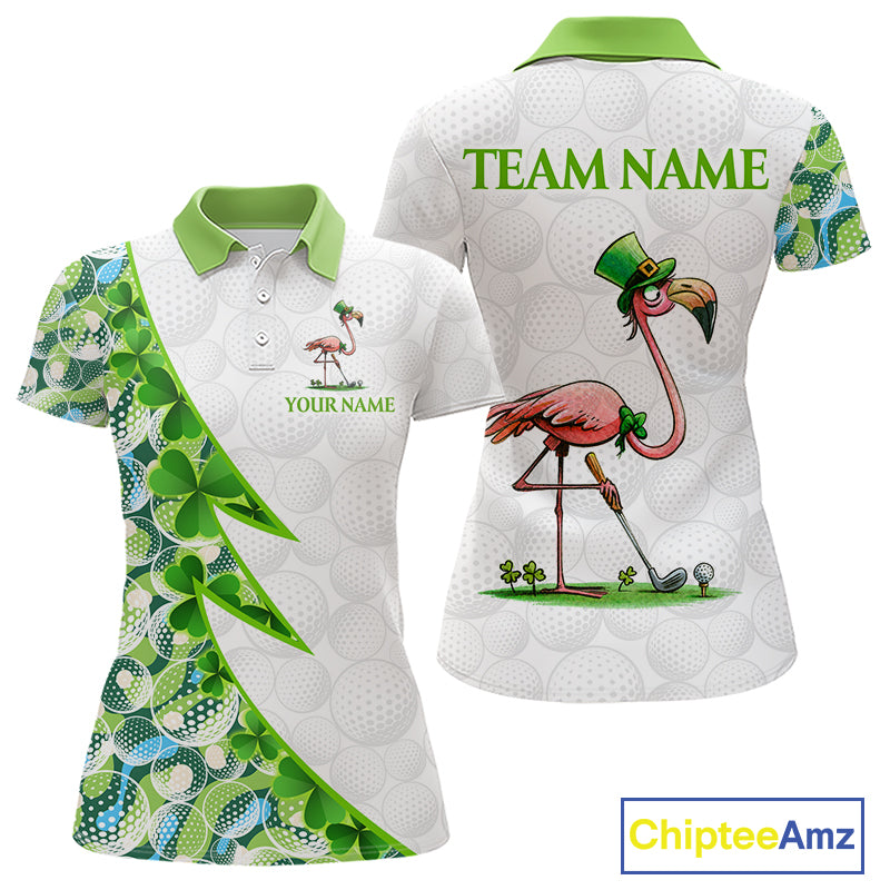 Front and back view Funny Flamingo green clover white womens golf polo shirt St Patrick Day golf apparel