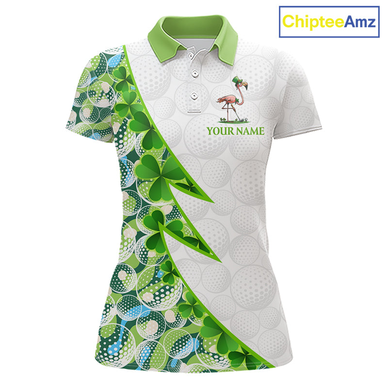 Front view Funny Flamingo green clover white womens golf polo shirt St Patrick Day golf apparel