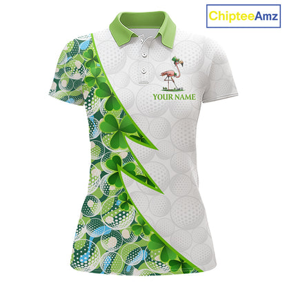 Front view Funny Flamingo green clover white womens golf polo shirt St Patrick Day golf apparel