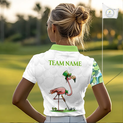 Golfer wearing Funny Flamingo green clover white womens golf polo shirt St Patrick Day on golf course