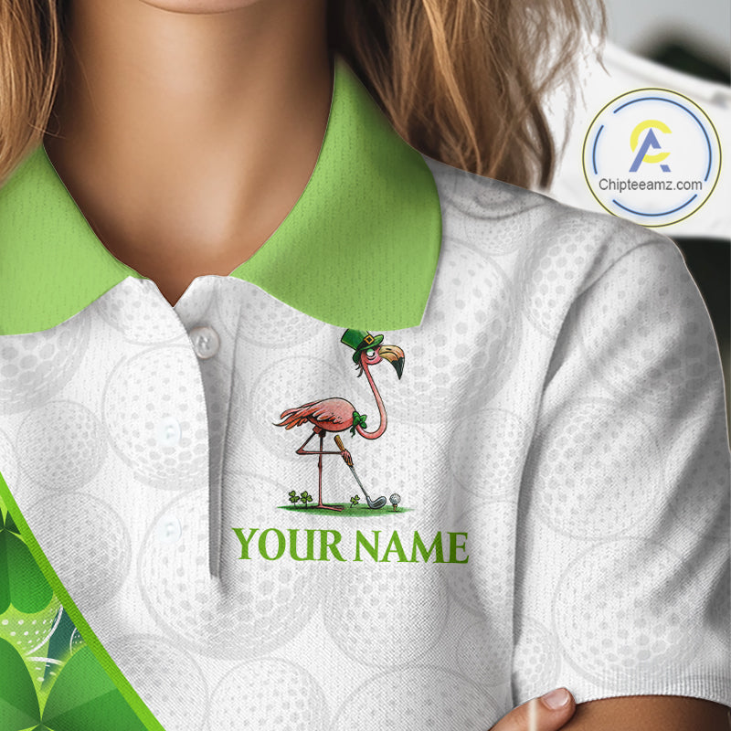 Close-up fabric of Funny Flamingo green clover pattern white womens golf polo shirt St Patrick Day 