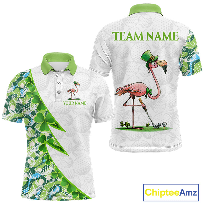 Front and back view Funny Flamingo green clover pattern white mens golf polo shirt St Patrick Day golf apparel