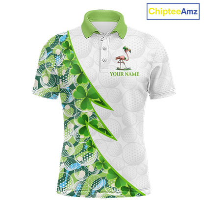 Front view Funny Flamingo green clover pattern white mens golf polo shirt St Patrick Day golf apparel