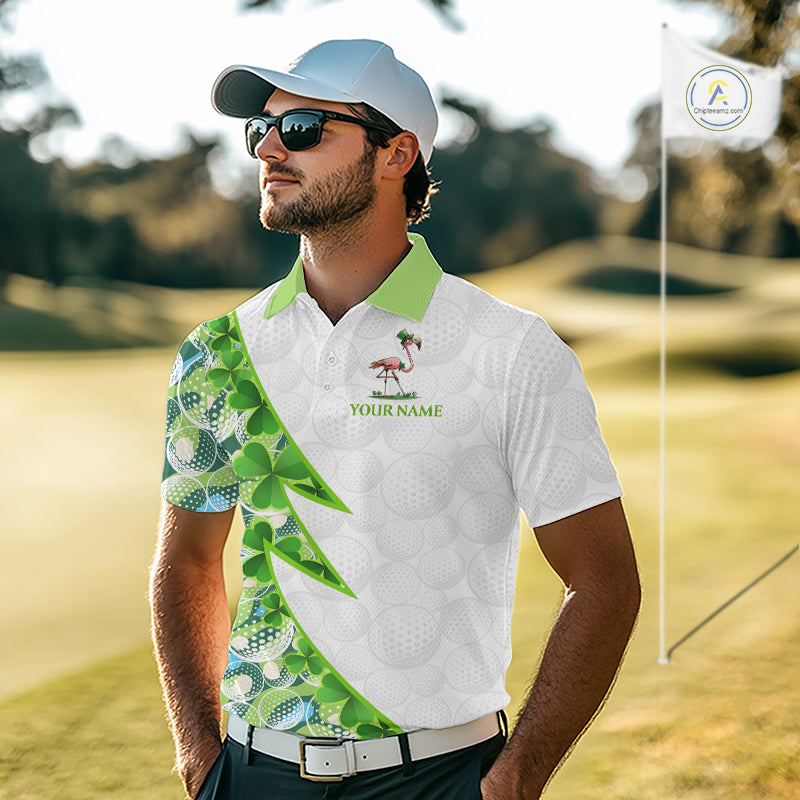 Golfer wearing Funny Flamingo green clover pattern white mens golf polo shirt St Patrick Day apparel on golf course