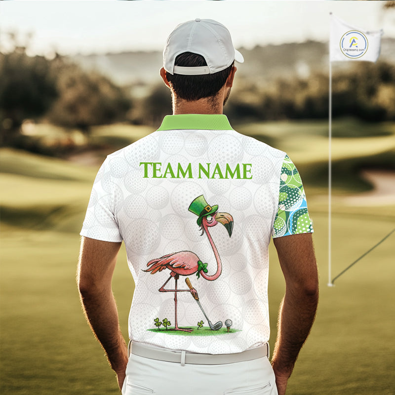 Golfer wearing Funny Flamingo green clover pattern white mens golf polo shirt St Patrick Day apparel on golf course with personalized name on the back.