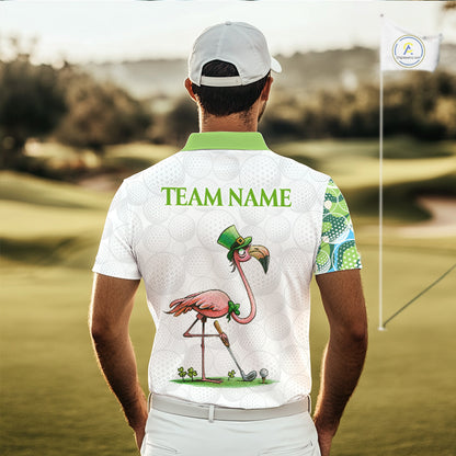 Golfer wearing Funny Flamingo green clover pattern white mens golf polo shirt St Patrick Day apparel on golf course with personalized name on the back.