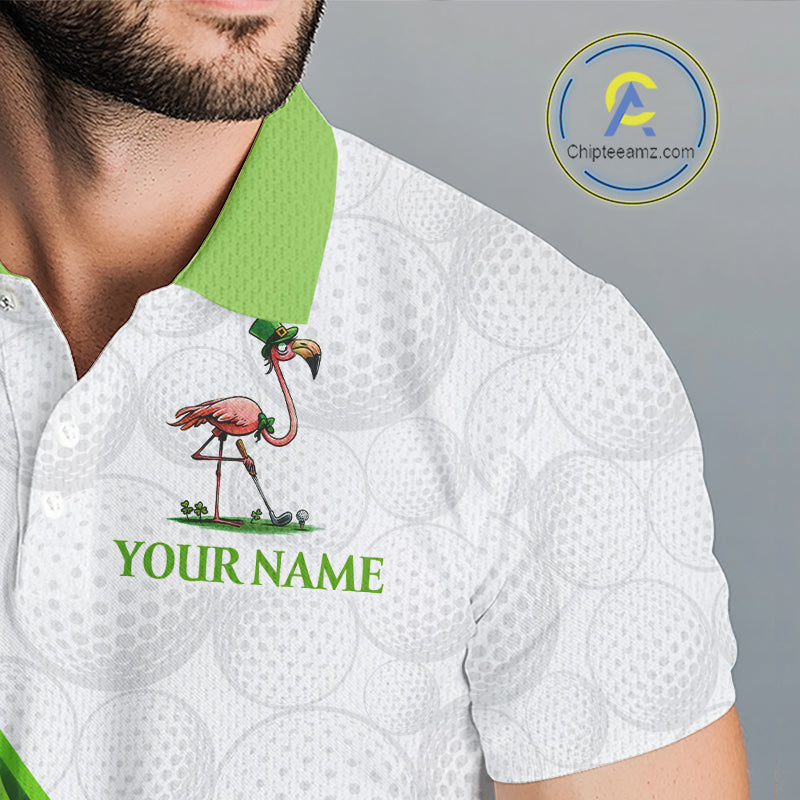 Close-up breathable polyester fabric texture on Funny Flamingo green clover pattern white mens golf polo shirt