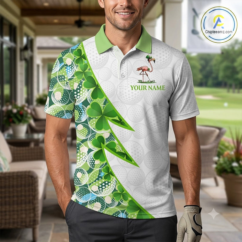 Golfer wearing Funny Flamingo green clover pattern white mens golf polo shirt St Patrick Day apparel on golf course
