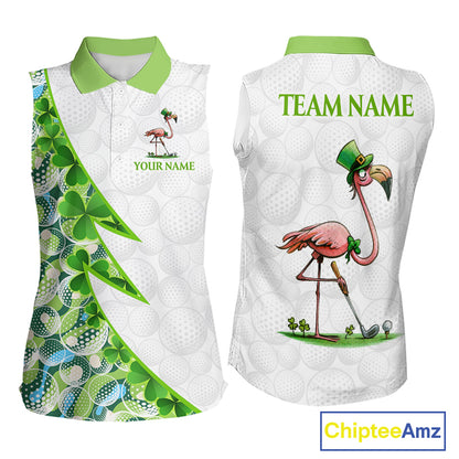 Front and back view Funny Flamingo green clover white womens sleeveless golf polo shirt St Patrick Day golf apparel