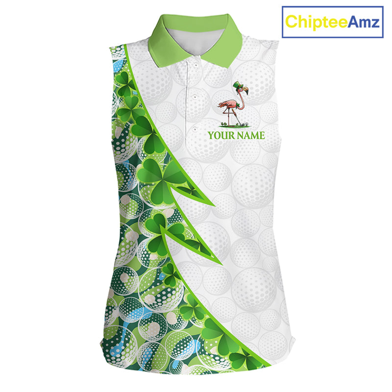 Front view Funny Flamingo green clover white womens sleeveless golf polo shirt St Patrick Day golf apparel