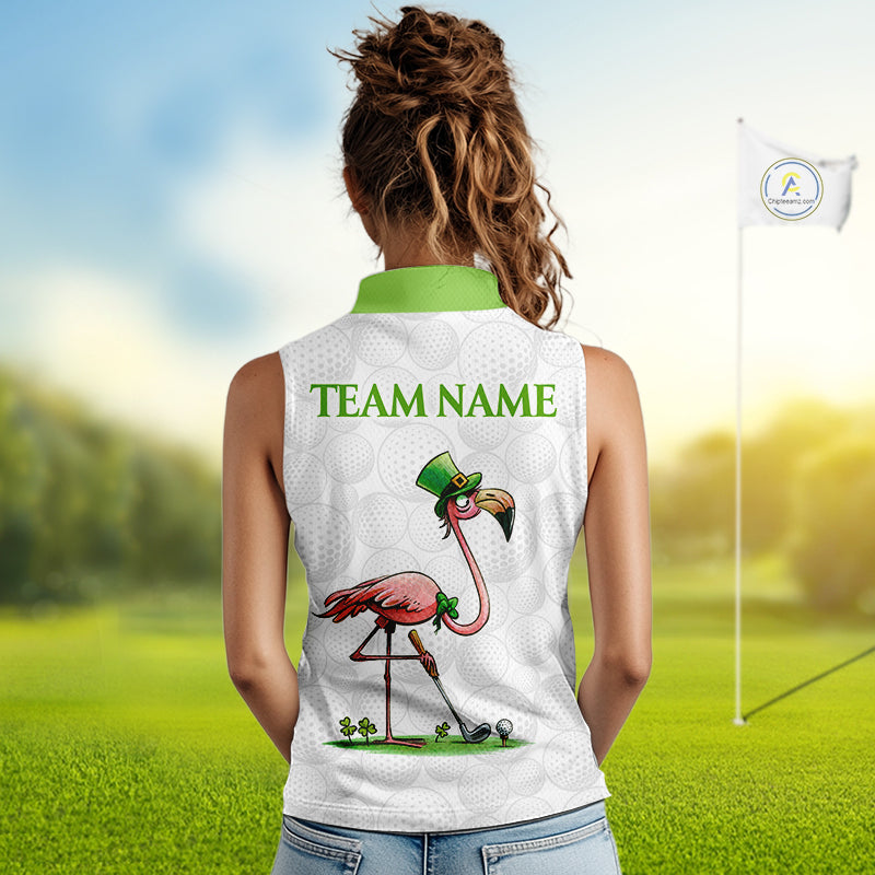 Golfer wearing Funny Flamingo green clover white womens sleeveless golf polo shirt St Patrick Day on golf course