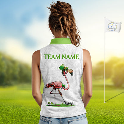Golfer wearing Funny Flamingo green clover white womens sleeveless golf polo shirt St Patrick Day on golf course