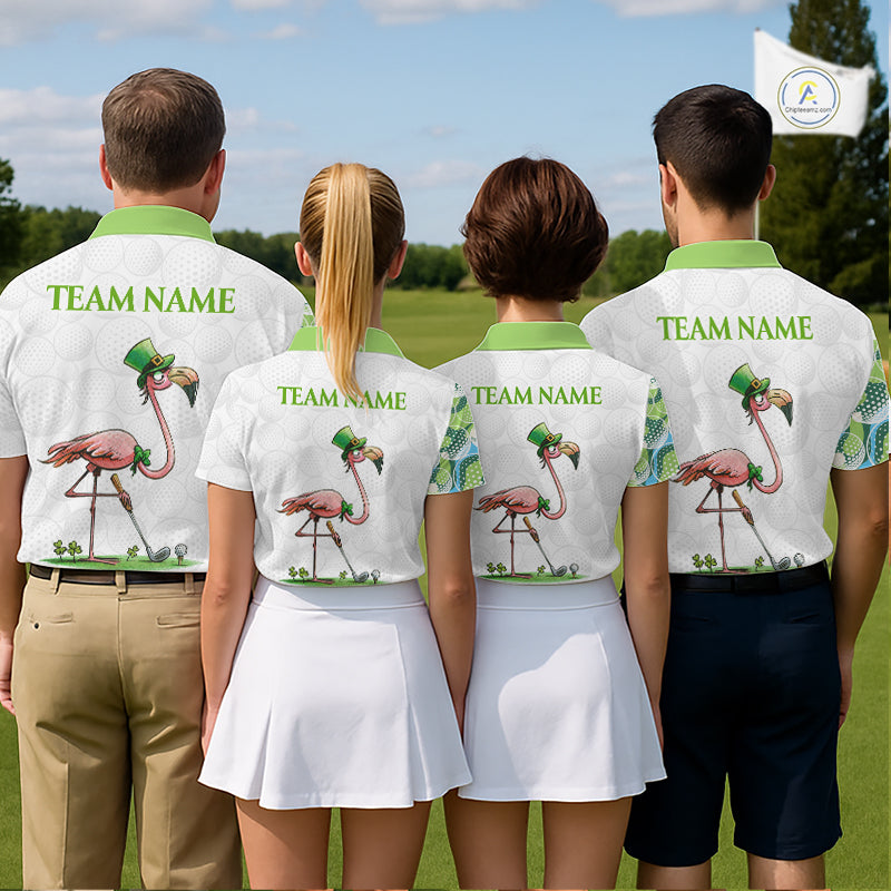 Funny Flamingo Green Clover Pattern White Mens Golf Polo Shirt, Custom St Patrick Day Tournament Golf Apparel NBT852