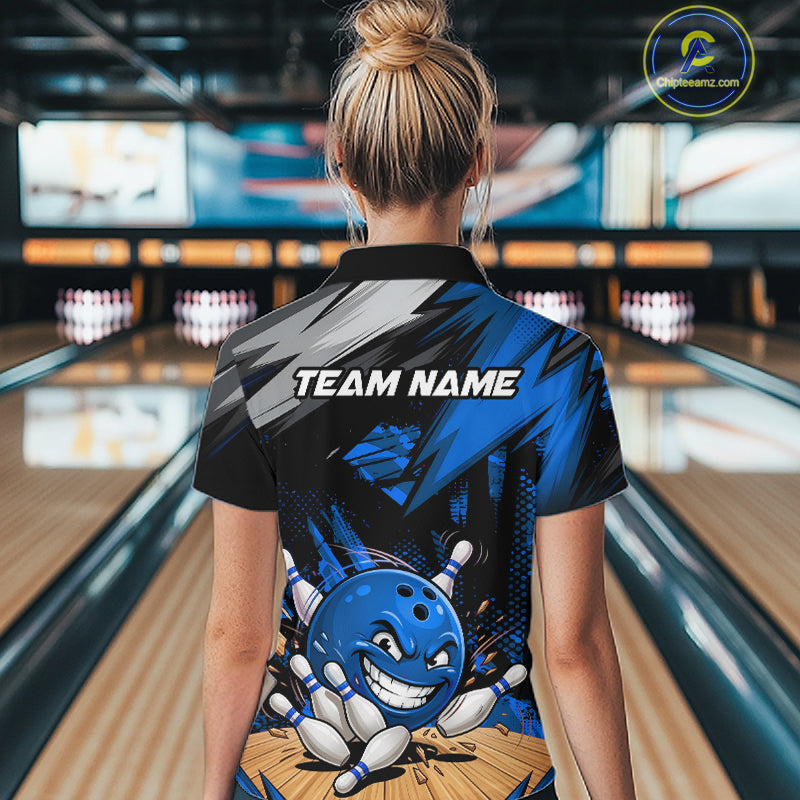 Custom Funny Bowling Ball  Bowling Women Polo & 1/4 Quarter Zip Shirt, Blue Bowling Team Shirt NBT928