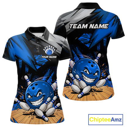 Custom Funny Bowling Ball  Bowling Women Polo & 1/4 Quarter Zip Shirt, Blue Bowling Team Shirt NBT928