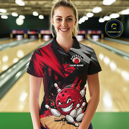 Custom Funny Bowling Ball  Bowling Women Polo & 1/4 Quarter Zip Shirt, Red Bowling Team Shirt NBT929