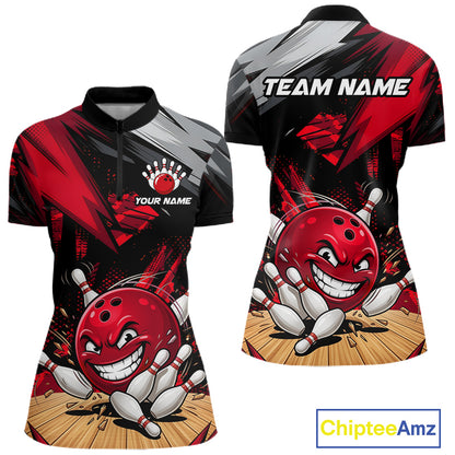 Custom Funny Bowling Ball  Bowling Women Polo & 1/4 Quarter Zip Shirt, Red Bowling Team Shirt NBT929