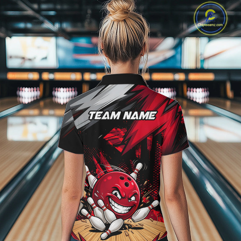 Custom Funny Bowling Ball  Bowling Women Polo & 1/4 Quarter Zip Shirt, Red Bowling Team Shirt NBT929