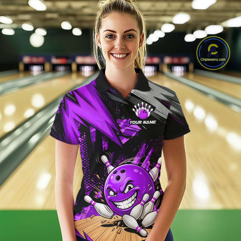 Custom Funny Bowling Ball  Bowling Women Polo & 1/4 Quarter Zip Shirt, Purple Bowling Team Shirt NBT930