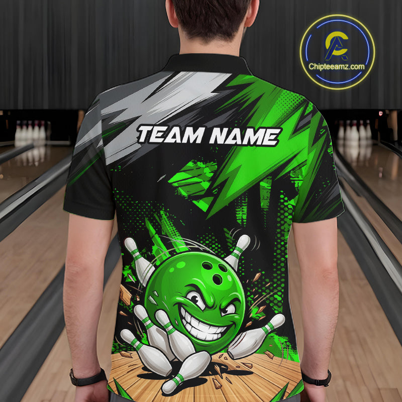 Custom Funny Bowling Ball  Bowling Men Polo & 1/4 Quarter Zip Shirt, Green Bowling Team Shirt NBT931