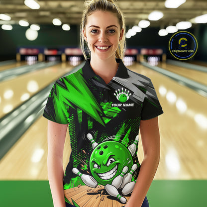 Custom Funny Bowling Ball  Bowling Women Polo & 1/4 Quarter Zip Shirt, Green Bowling Team Shirt NBT931