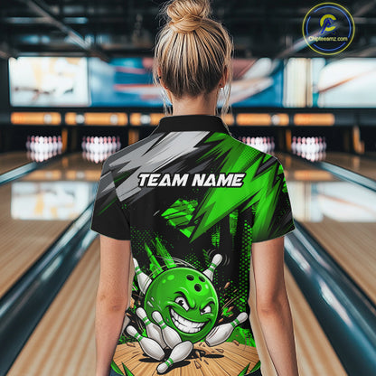 Custom Funny Bowling Ball  Bowling Women Polo & 1/4 Quarter Zip Shirt, Green Bowling Team Shirt NBT931