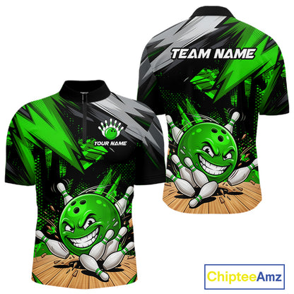 Custom Funny Bowling Ball  Bowling Men Polo & 1/4 Quarter Zip Shirt, Green Bowling Team Shirt NBT931