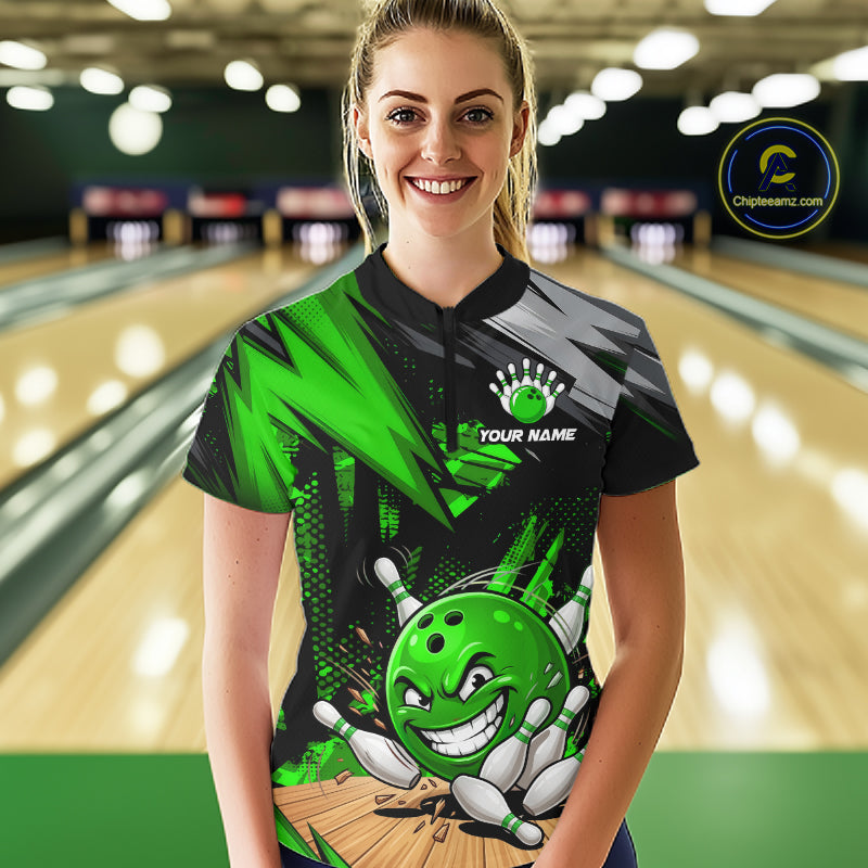 Custom Funny Bowling Ball  Bowling Women Polo & 1/4 Quarter Zip Shirt, Green Bowling Team Shirt NBT931