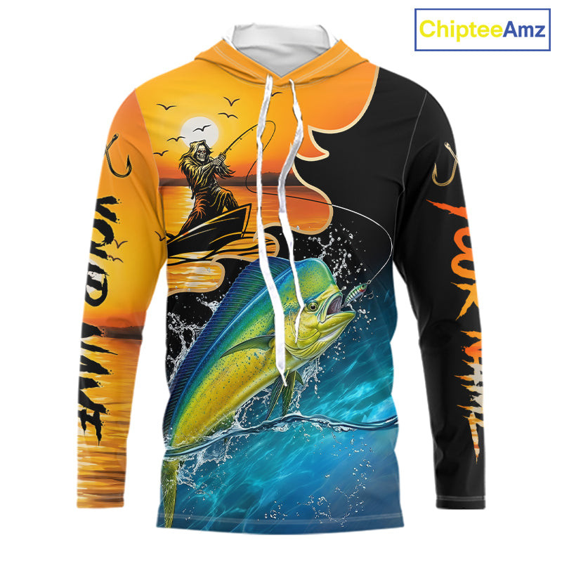 Long sleeve hooded fishing shirt with a fish reaper and mahi mahi design on a sunset background
