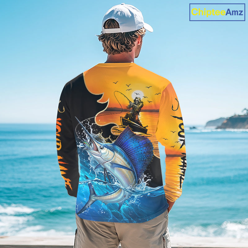 Person wearing a fish reaper sailfish fishing shirt with a sunset and fish reaper design