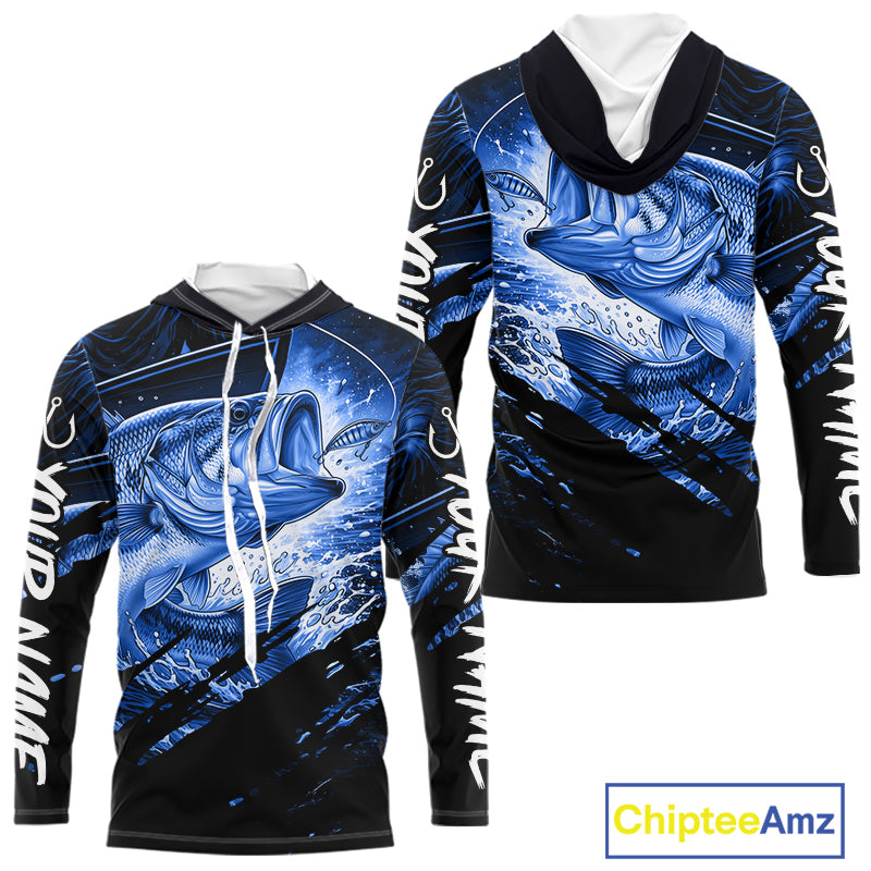 Blue and black long sleeve hooded fishing shirt with largemouth bass fish design on a white background
