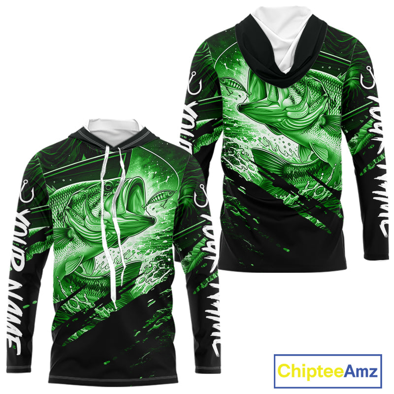 Green and black long sleeve hooded fishing shirt with largemouth bass fish design on a white background