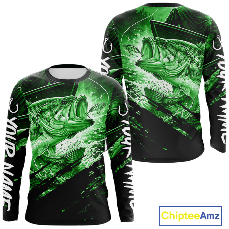 Green and black long sleeve fishing shirt with largemouth bass fish design on a white background
