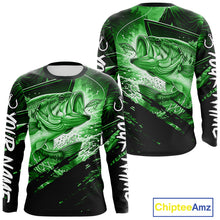 Load image into Gallery viewer, Green and black long sleeve fishing shirt with largemouth bass fish design on a white background