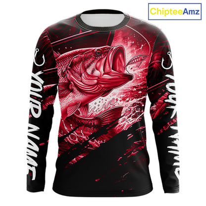 Long sleeve fishing shirt with red bass fish design on a black background