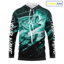 Load image into Gallery viewer, Long sleeve hooded fishing shirt with teal bass fish design on a black background