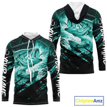 Load image into Gallery viewer, Teal and black long sleeve hooded fishing shirt with largemouth bass fish design on a white background