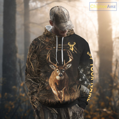 Custom Brown Camo with US Flag Deer Hunting Shirts for Men, Deer Hunting Clothes, Hunting Gifts NBT52
