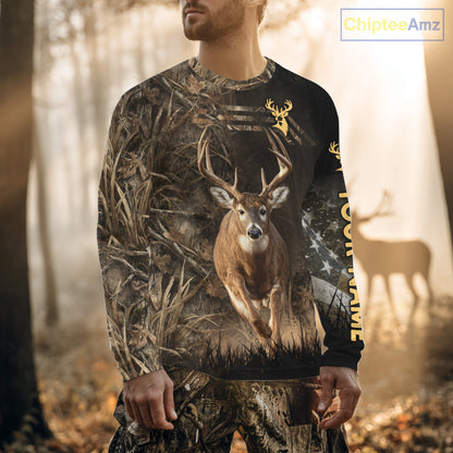 Custom Brown Camo with US Flag Deer Hunting Shirts for Men, Deer Hunting Clothes, Hunting Gifts NBT52