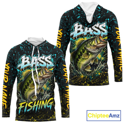Personalized Neon Color Bass Long Sleeve Hooded Fishing Shirts, Largemouth Bass Fishing Jerseys For Men NBT668