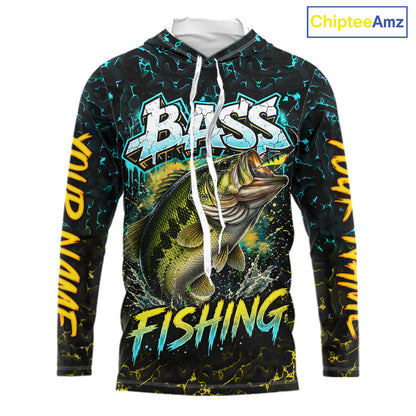 Personalized Neon Color Bass Long Sleeve Hooded Fishing Shirts, Largemouth Bass Fishing Jerseys For Men NBT668